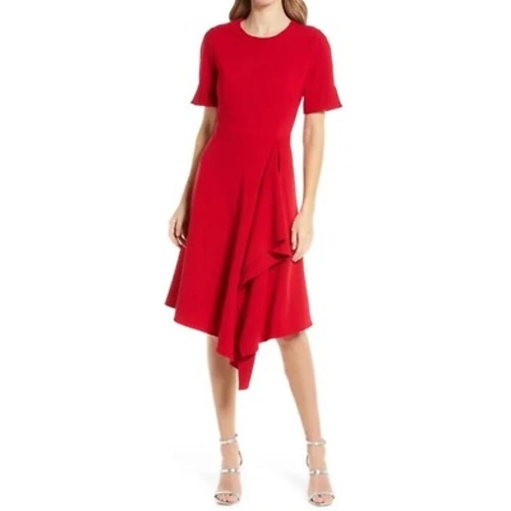 Black Halo Bonfire Red Crete Tailored Ruffle Cocktail Hour Midi Dress Size 10